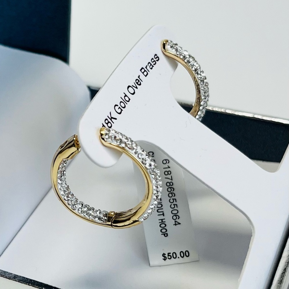 And Now This High Polished Hinged Crystal Pave Hoop Earring, Gold Plate - Picture 4 of 10